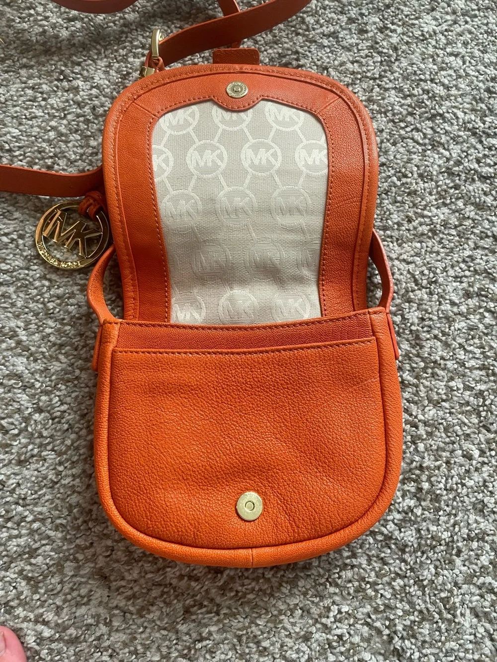 Michael Kors Saddle Flap Pebbled Crossbody Bag Small Orange Gold Hardware